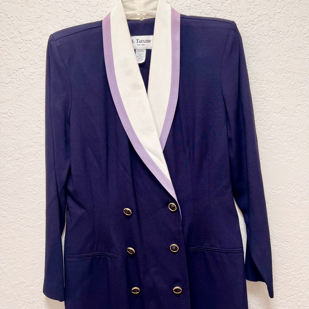 Vintage J. Taylor Navy Blue Blazer Dress Shawl Collar Double Breasted Size 14 - Picture 2 of 6